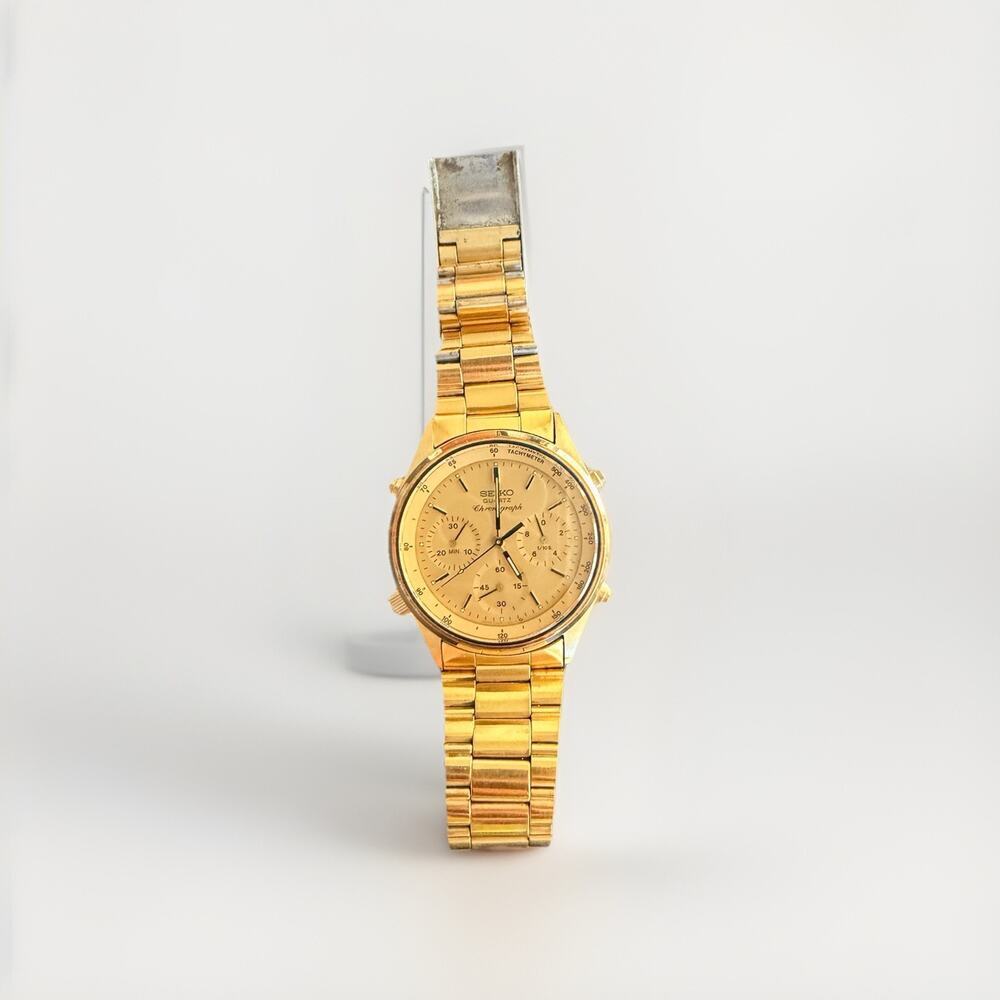SEIKO Chronograph 7A28-7029 Gold Quartz 36mm Men's Watch 1984 CC